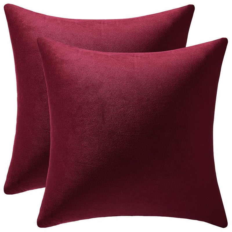 DEZENE Throw Pillow Covers 18x18 Burgundy: Pack of 2 Cozy Soft Velvet Square Modern Luxury Decorative Throw Pillow Cases for Christmas Sofa Couch Living Room Bed Home Decor - Image 1